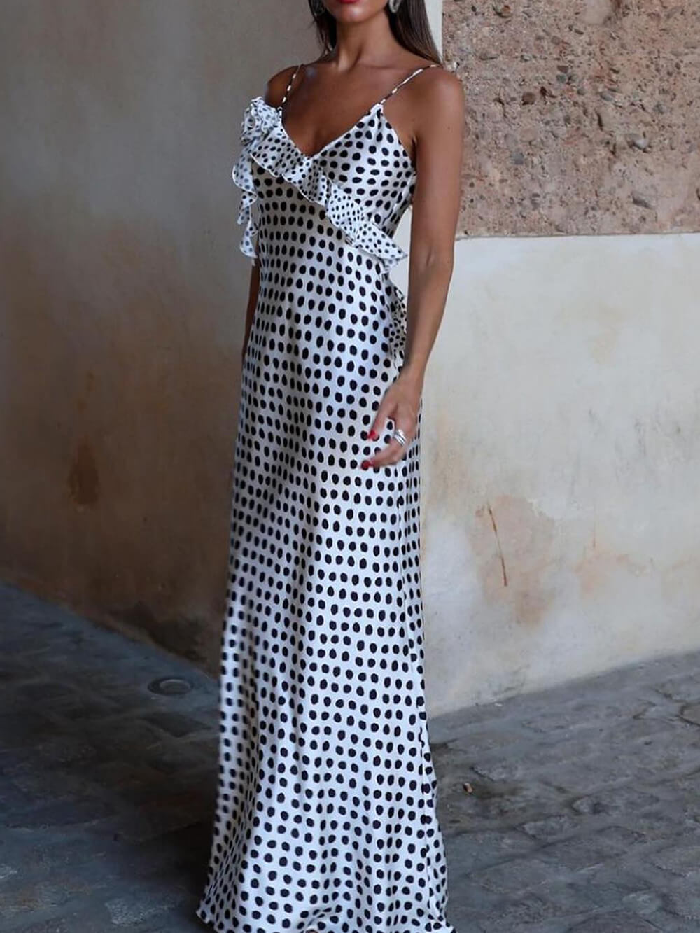Polka Dot Print Fantasy Guipure Ruffled Suspender Maxi Dress
