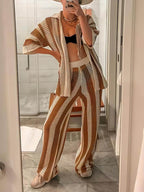 Loose V-Neck Fashion Hollow Out Striped Shirt Wide Leg Pants Set